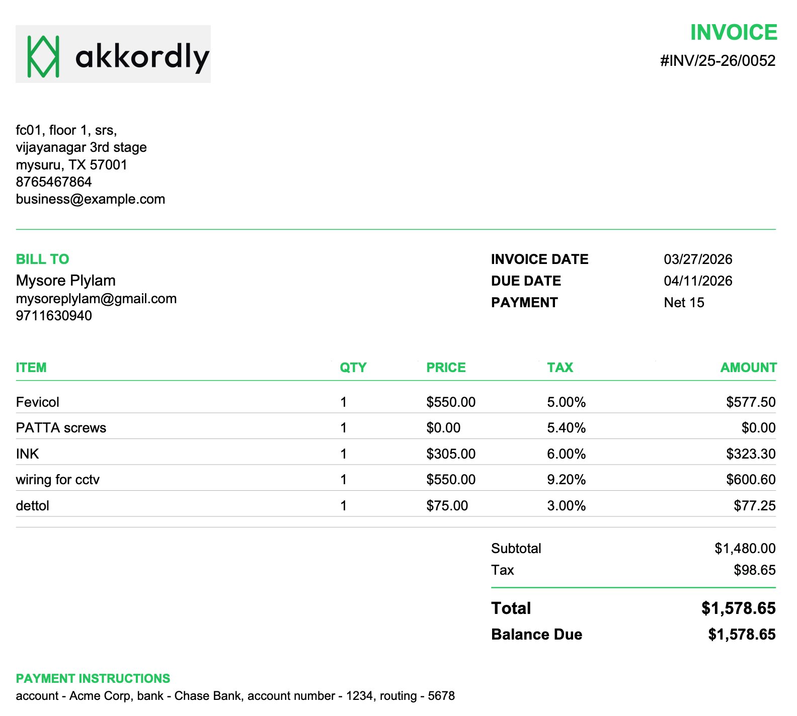 Akkordly branded PDF invoice with Akkordly logo