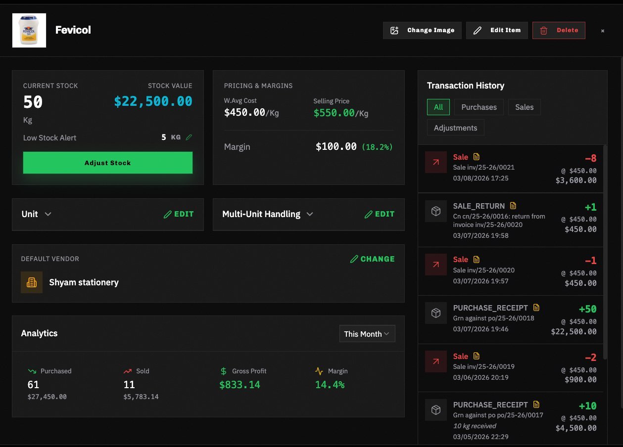 Akkordly inventory item detail — stock, WAC, margins, transaction history