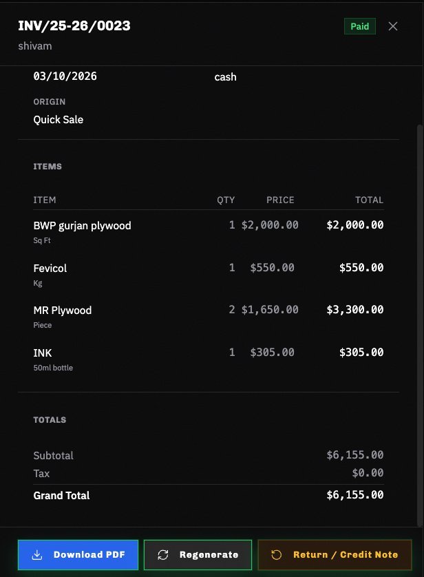 Invoice detail panel showing line items and download options