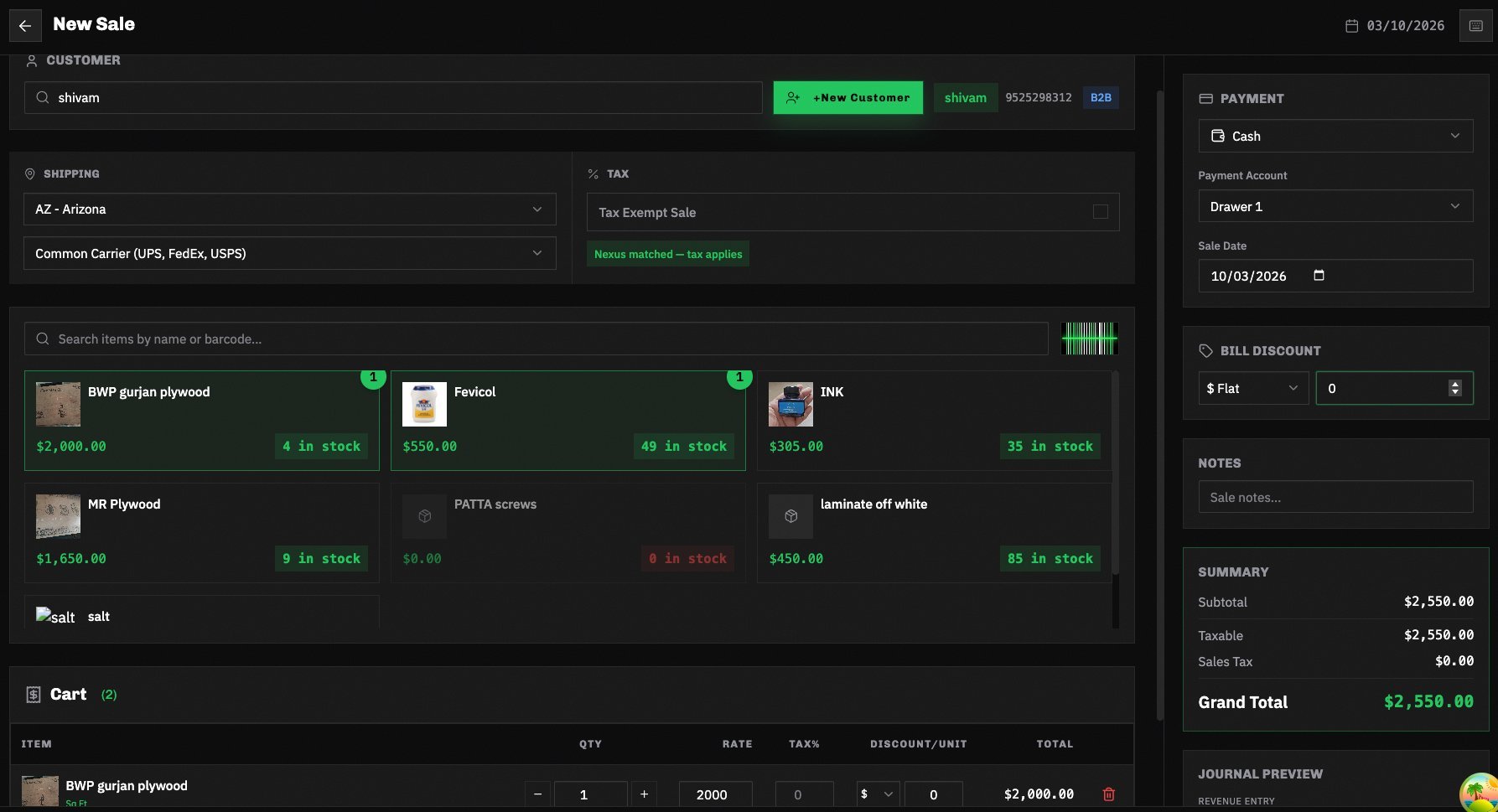 Akkordly Quick Sale POS screen with items, cart, and payment options